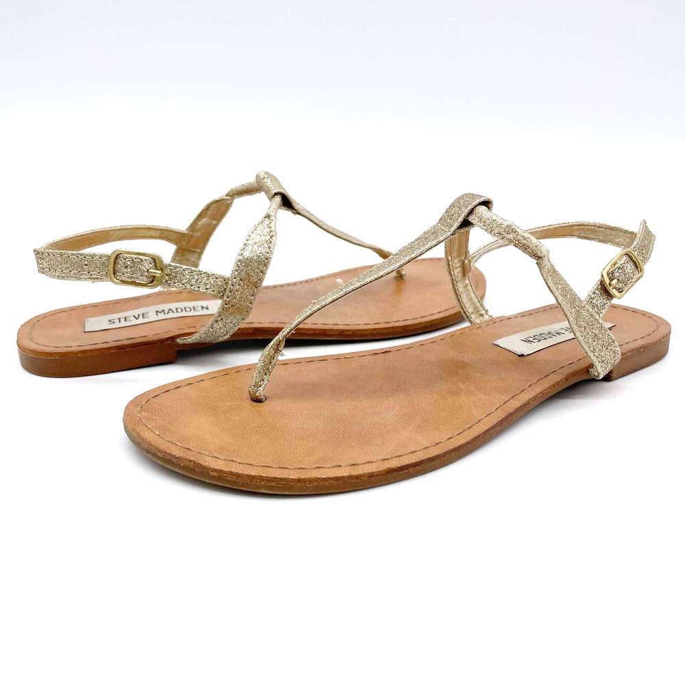 Steve Madden Debbi Sandal Womens 6 Gold Glittery Thong Flats Summer Beach